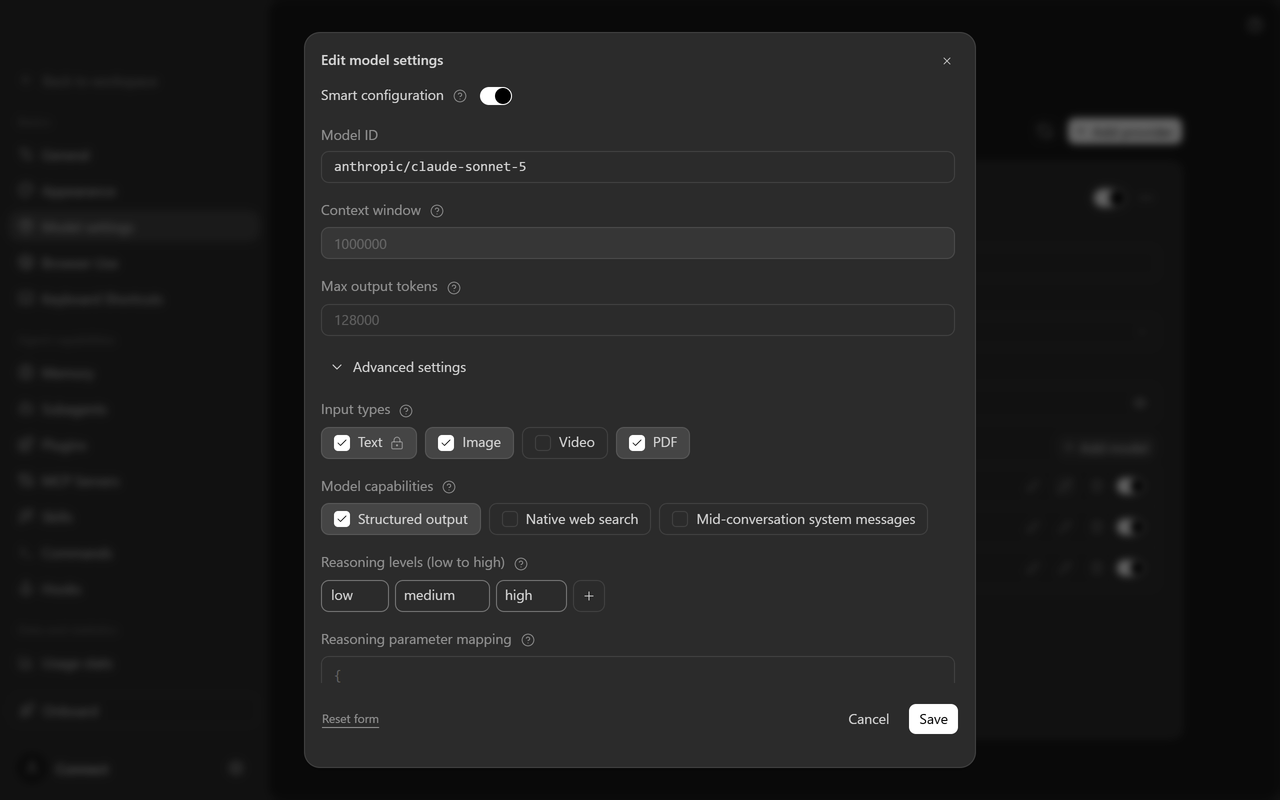 Edit model settings with the reasoning levels trimmed to low, medium and high