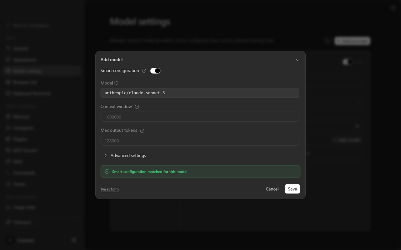 The Add model dialog with anthropic/claude-sonnet-5 and Smart configuration matched
