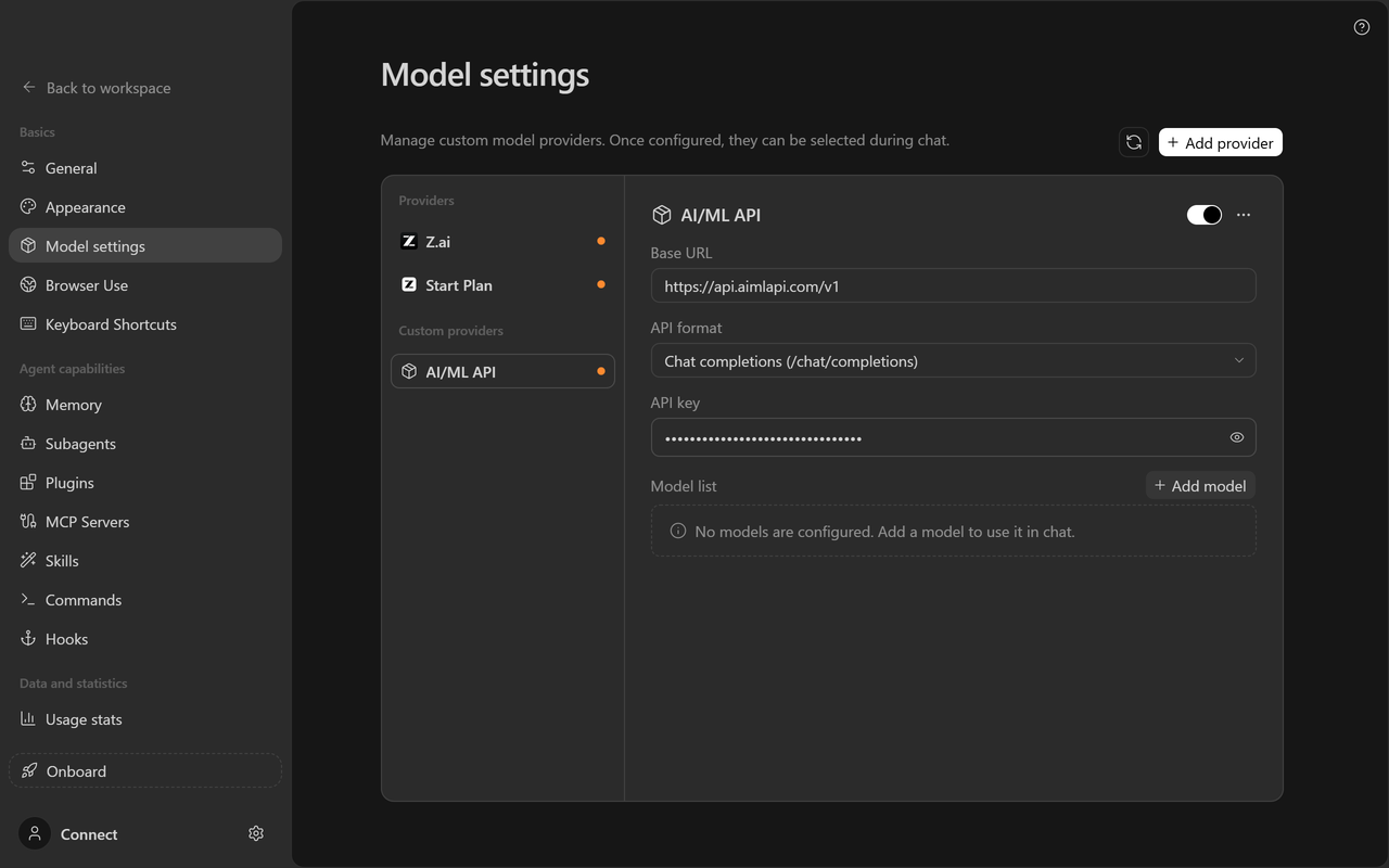 The AI/ML API provider card with Chat completions, the base URL and a masked API key