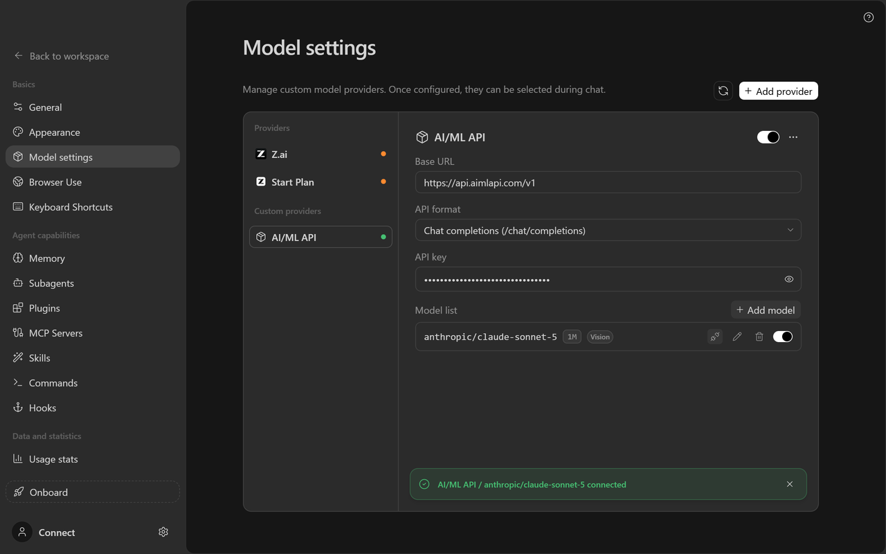 The model row with the AI/ML API / anthropic/claude-sonnet-5 connected message