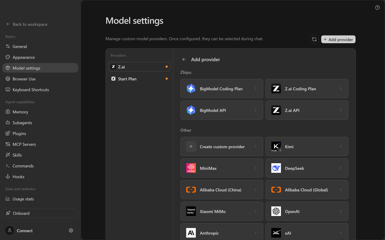 The Add provider picker with Create custom provider under Other