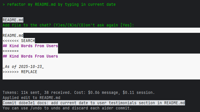 Aider working on code changes