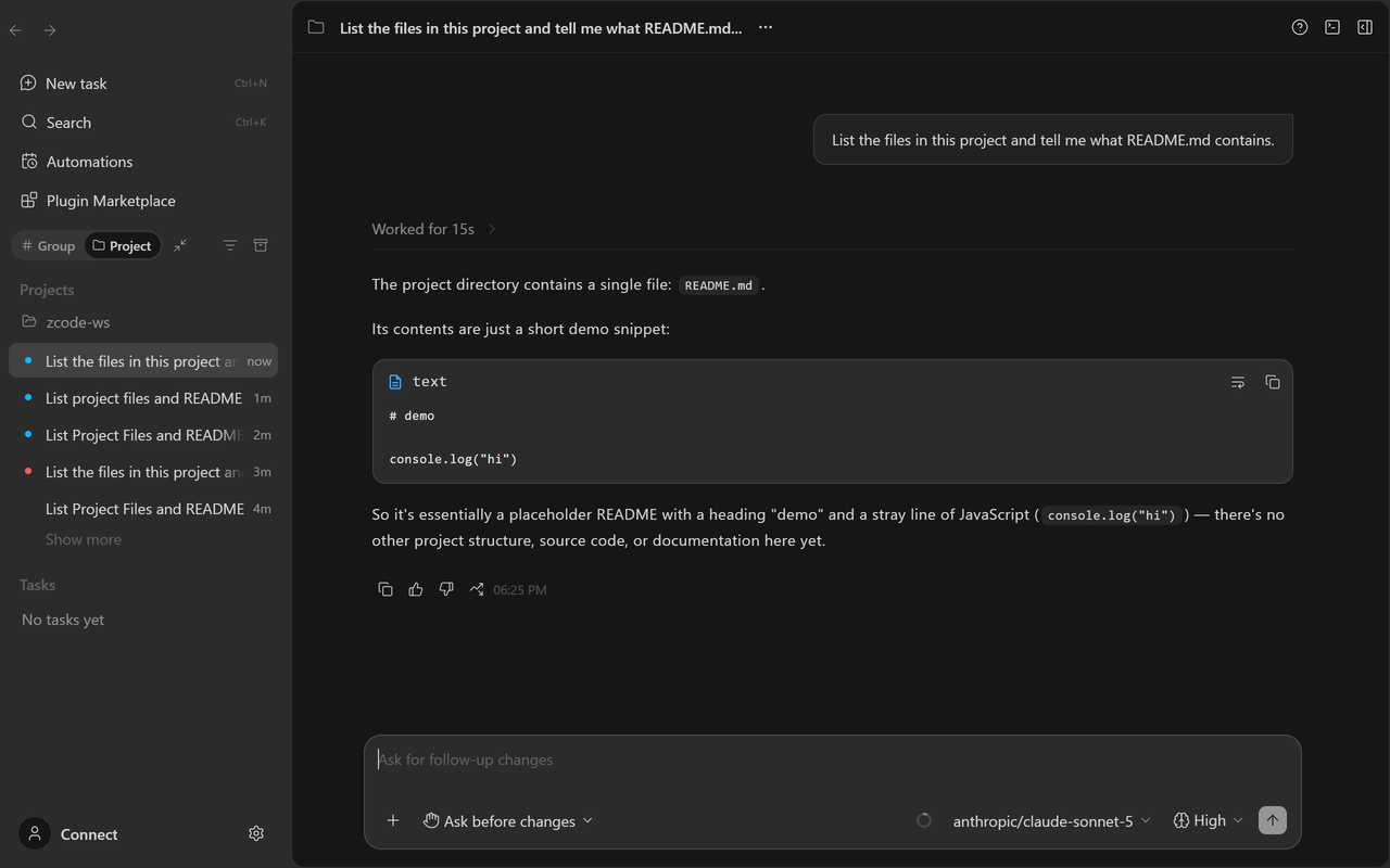 A completed task where the agent listed the project files and read README.md through AI/ML API