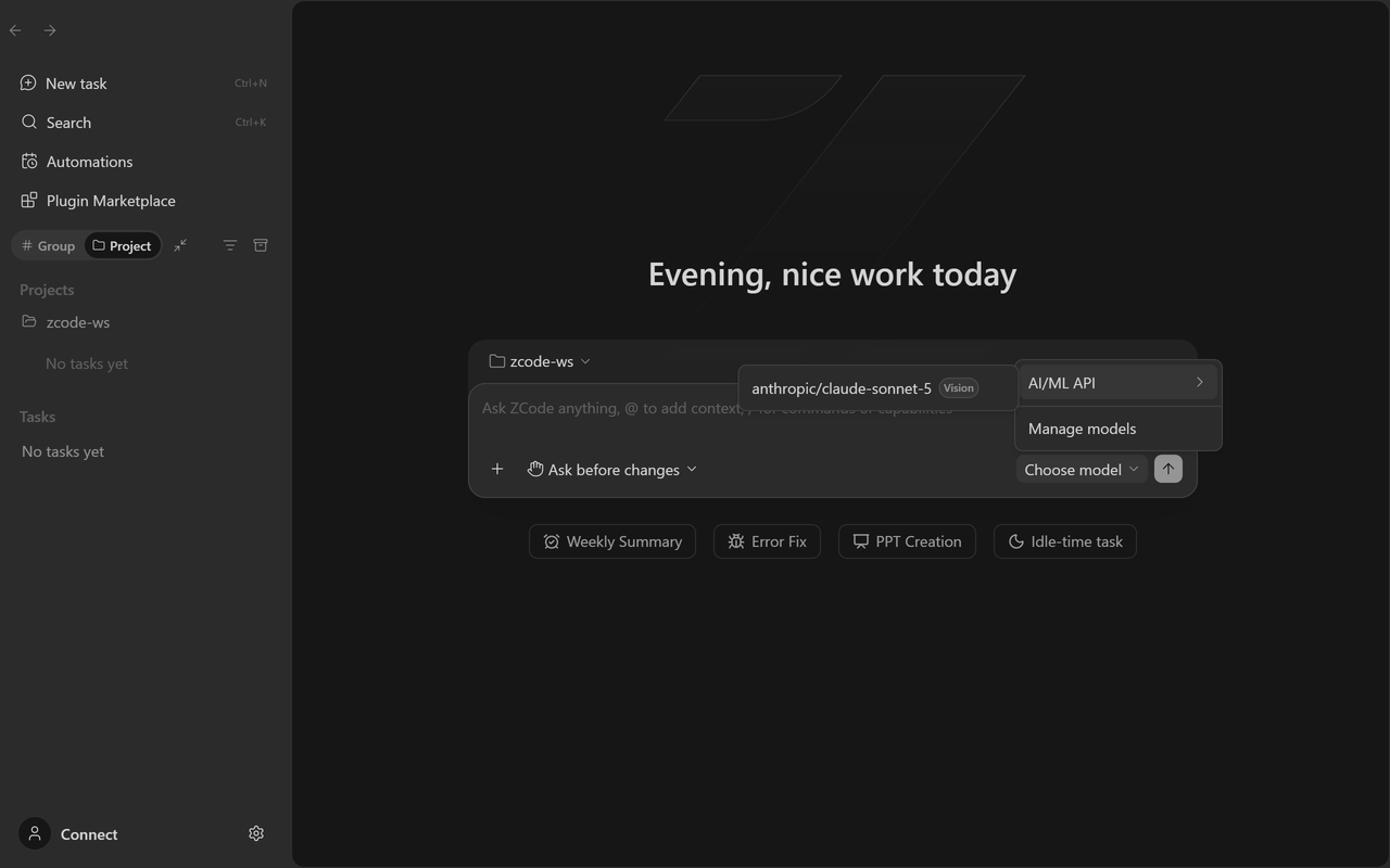 The chat model switcher showing the AI/ML API group with anthropic/claude-sonnet-5