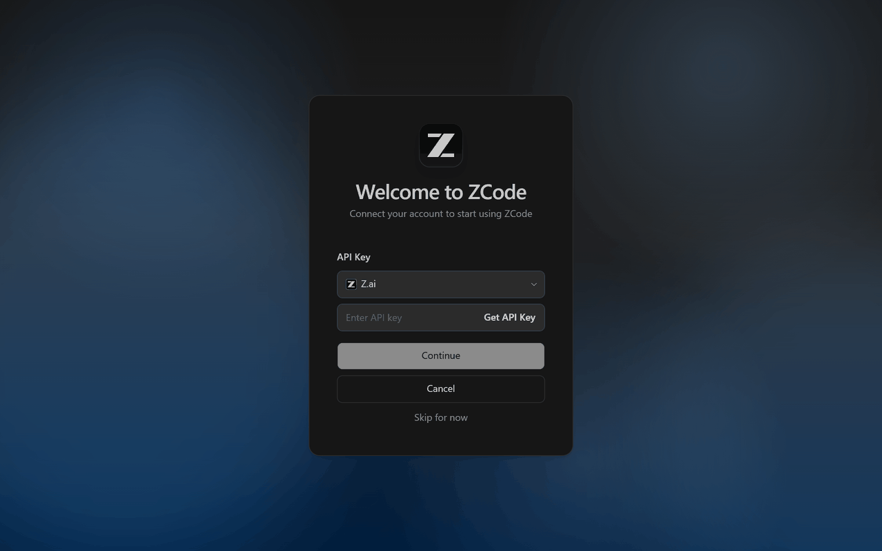 ZCode welcome screen with the Use API key form and the Skip for now link